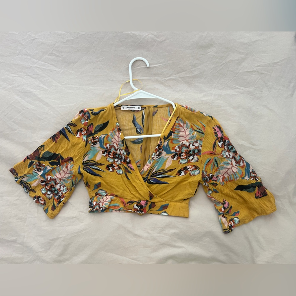 Floral Wrap Crop Top in Mustard Yellow - Women's Top